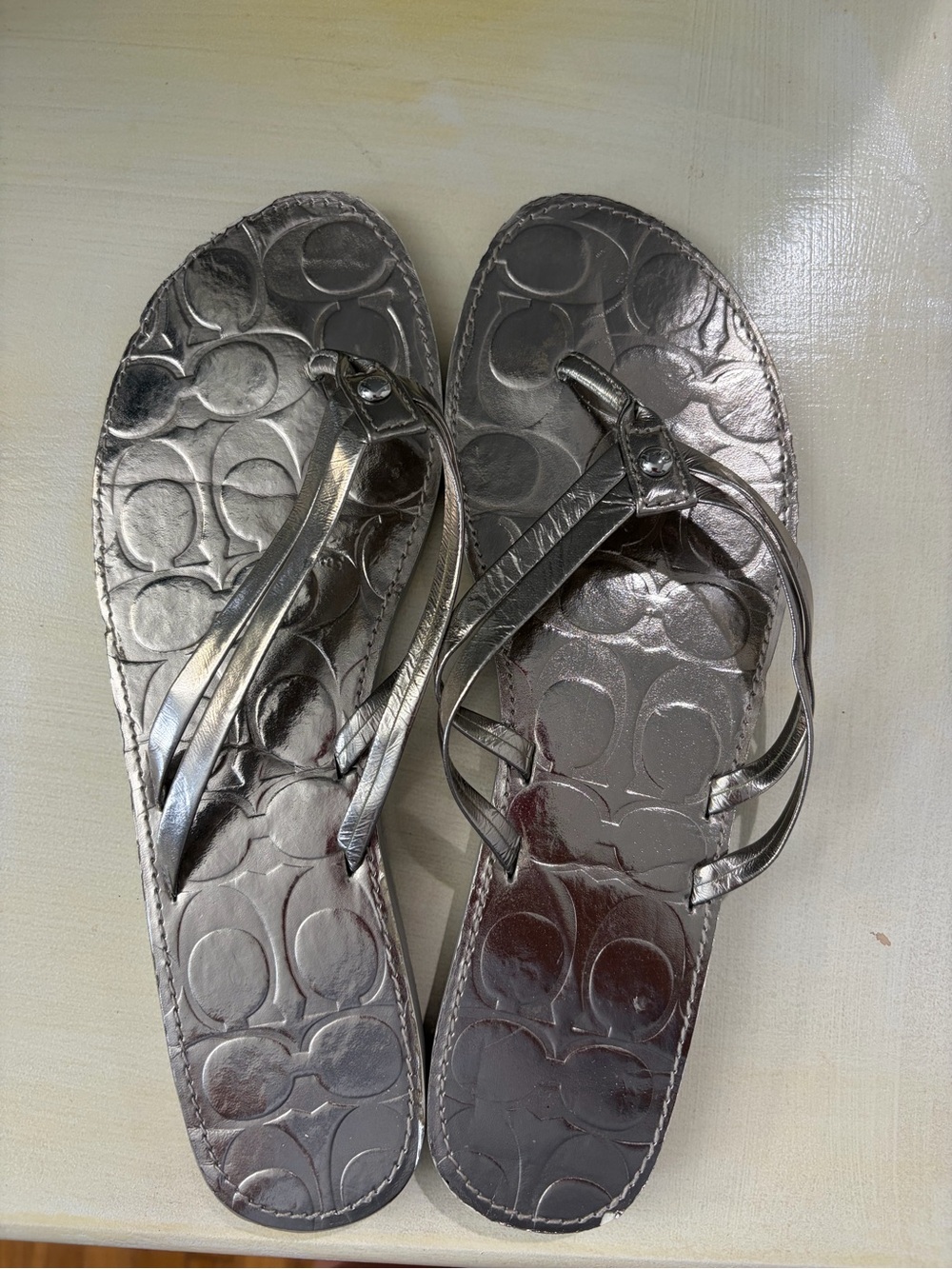 COACH Metallic Silver Women's Thong Sandals Flip Flop - Picture 6 of 8